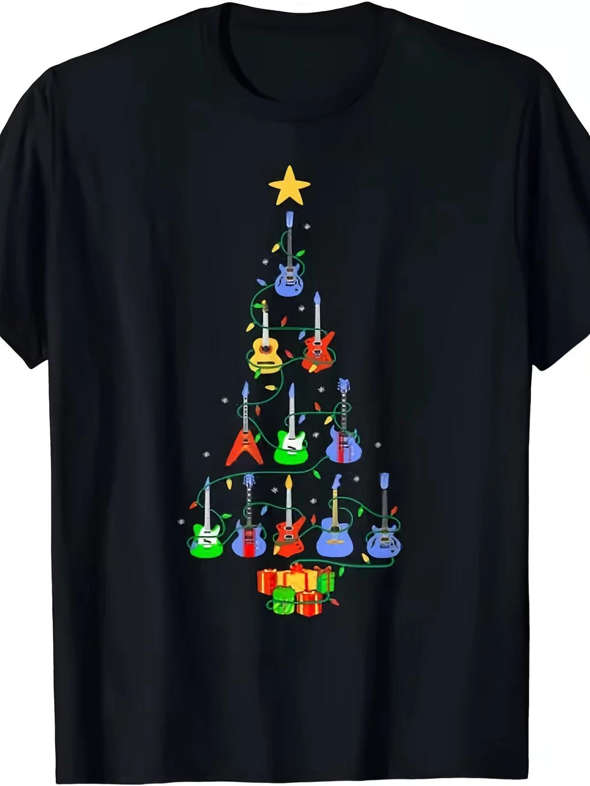 Men s Funny Guitar Christmas Tree T-Shirt - Retro Music Note Tee with Guitar Str L