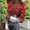 Women's Winter Slim-Fit Base Layer T-Shirt Fashionable Christmas Print V-Neck Pullover Long-Sleeved Top