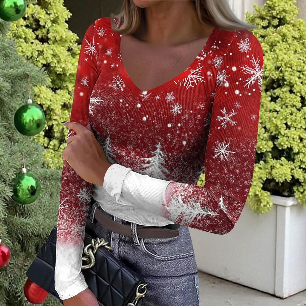 Women's Winter Slim-Fit Base Layer T-Shirt Fashionable Christmas Print V-Neck Pullover Long-Sleeved Top