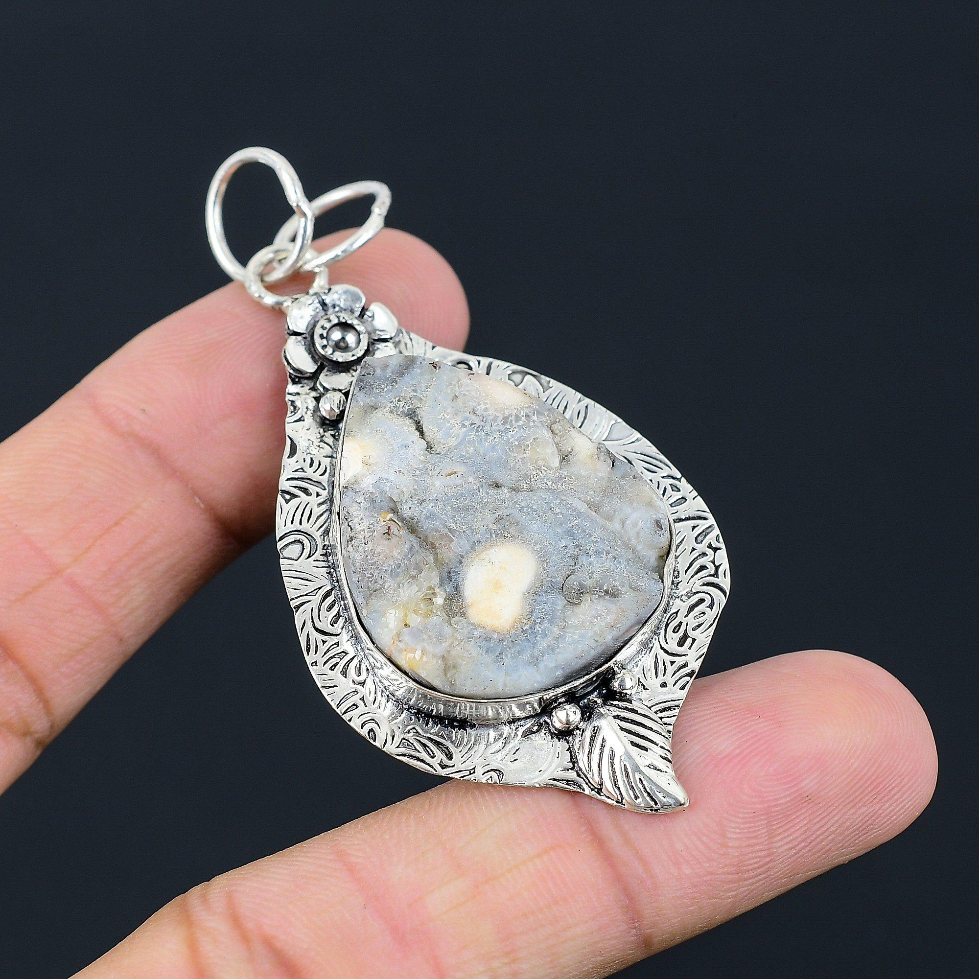 Natural Geode Agate Druzy Gemstone Pendant Flower 925 Sterling Silver Jewelry