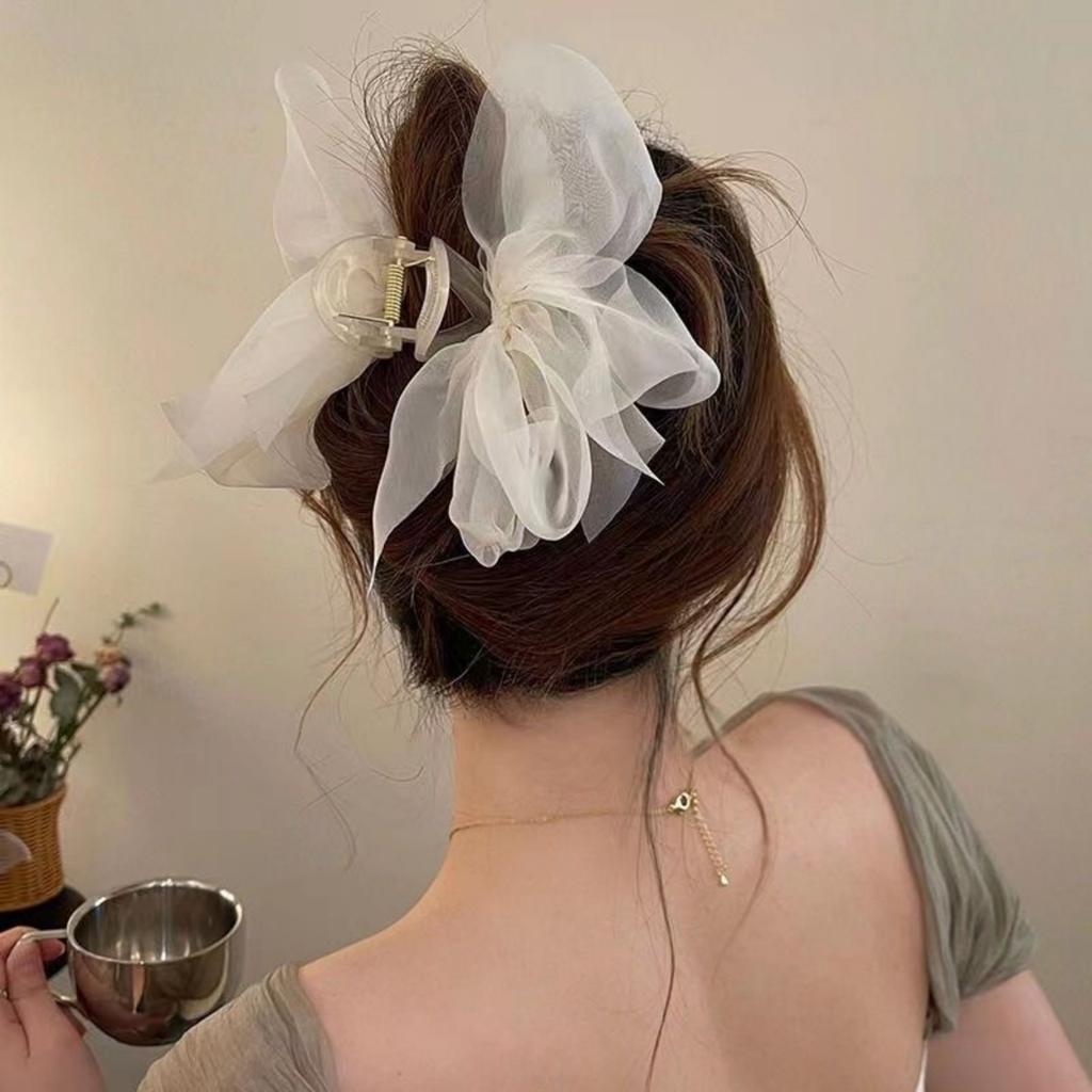 Fashion Mesh Tulle Large Bow Grab Clip Elegant Retro Female Net Yarn Ponytail Braid Claw Clip Hair Accessories Gift Headdress