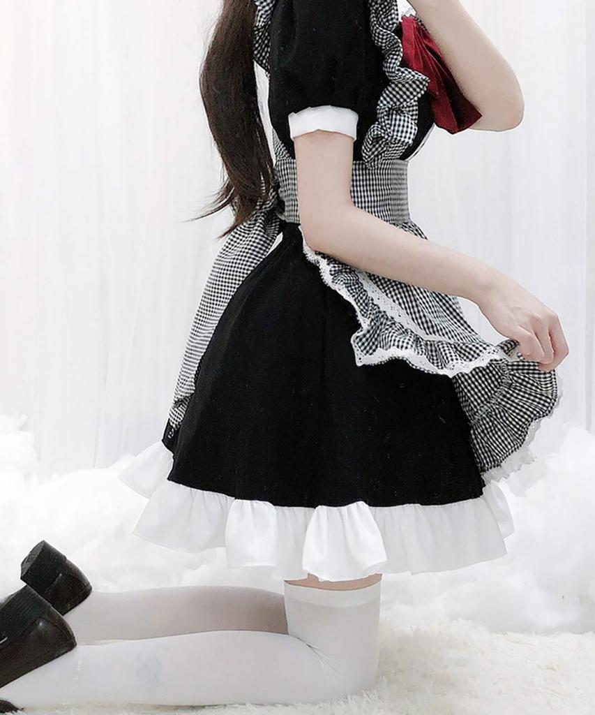 Milky Time Dámske Lolita Služobné Šaty s Mašľou, Volánmi, Zástrou a Kockovaným Vzorom, Cosplay Kostým (Veľkosť L)