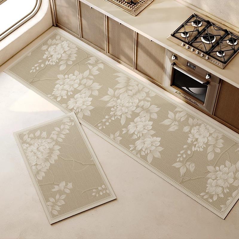 Kitchen Floor Mat Plant Pattern Waterproof Oil-proof Carpet PVC Leather Non-slip Foot Mats Long Strip Light Luxury High-end Rug
