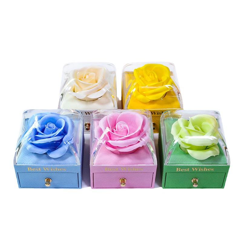 Macaron Color Jewelry Box with Soap Flower and Drawer - Holds Rings, Stud Earrings, and Necklace Pendants.