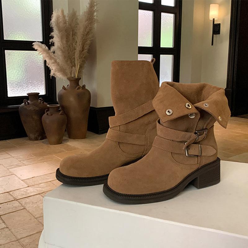 Fashion Edition~ Retro Maillard Belt Buckle Thick Heel Platform Short Boots Women's New Versatile Skinny Boots Knight Boots