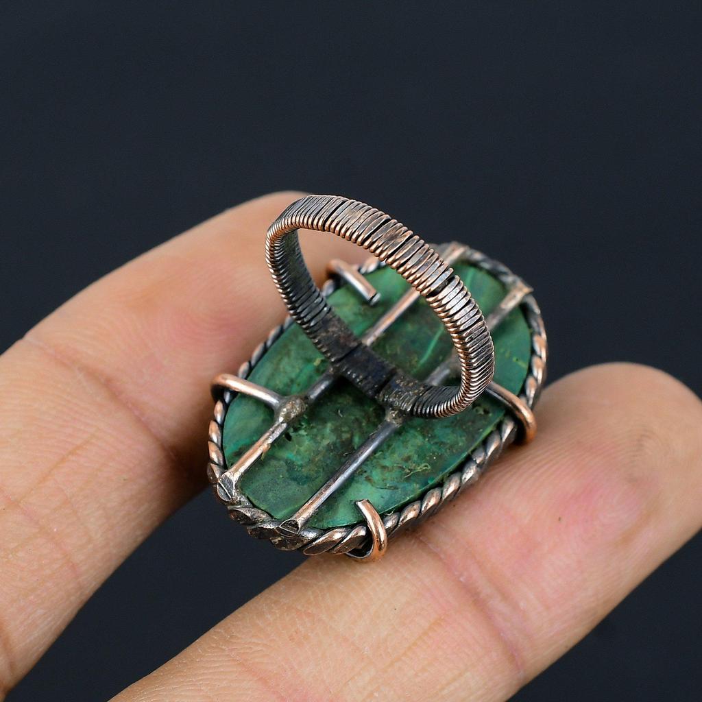Malachit-Edelstein, Kupferdraht umwickelt, handgefertigter Schmuckring, Geschenk für Frau
