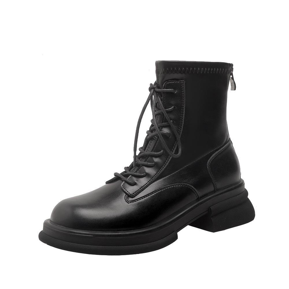 thick-soled Martin boots short boots women's leather spring and autumn single boots British style college lace-up elasticity increases and looks thin