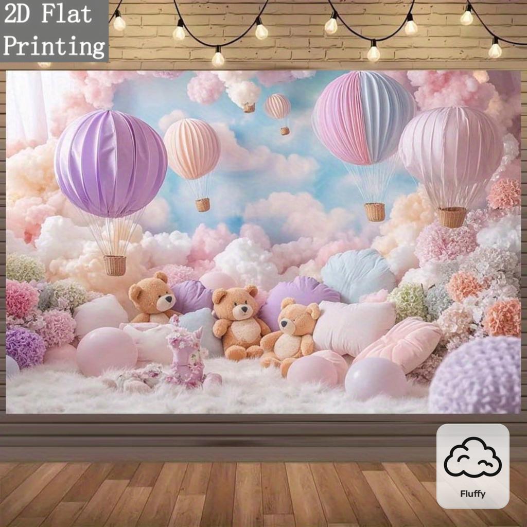 1 Piece of 2D Plane, Background Cloth, Dreamy Bear-themed Background, with Hot Air Balloons and Fluffy Clouds