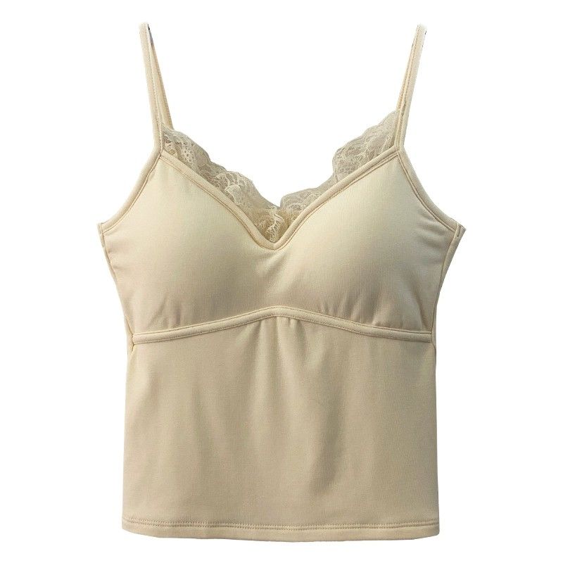 Damen Fleecegefüttertes Camisole mit Brustpolster Warme Weste Herbst Winter Unterwäsche Gebürstete Spitze Ärmellos Futtertop