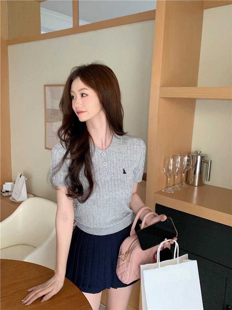 2025 Sommer Koreanischer Stil Polokragen Eisseide Gestrickte Kurzarm Damenbluse