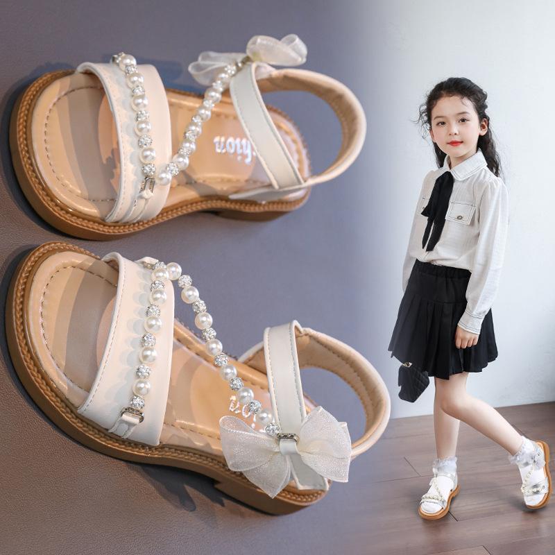Mädchen Sandalen Offene Zehen mit Süßen Perlen Kinder Strandschuhe Offene Zehen Rutschfest 2025 Sommer Neu Kinder Prinzessin Schuhe Spitze Schleifen