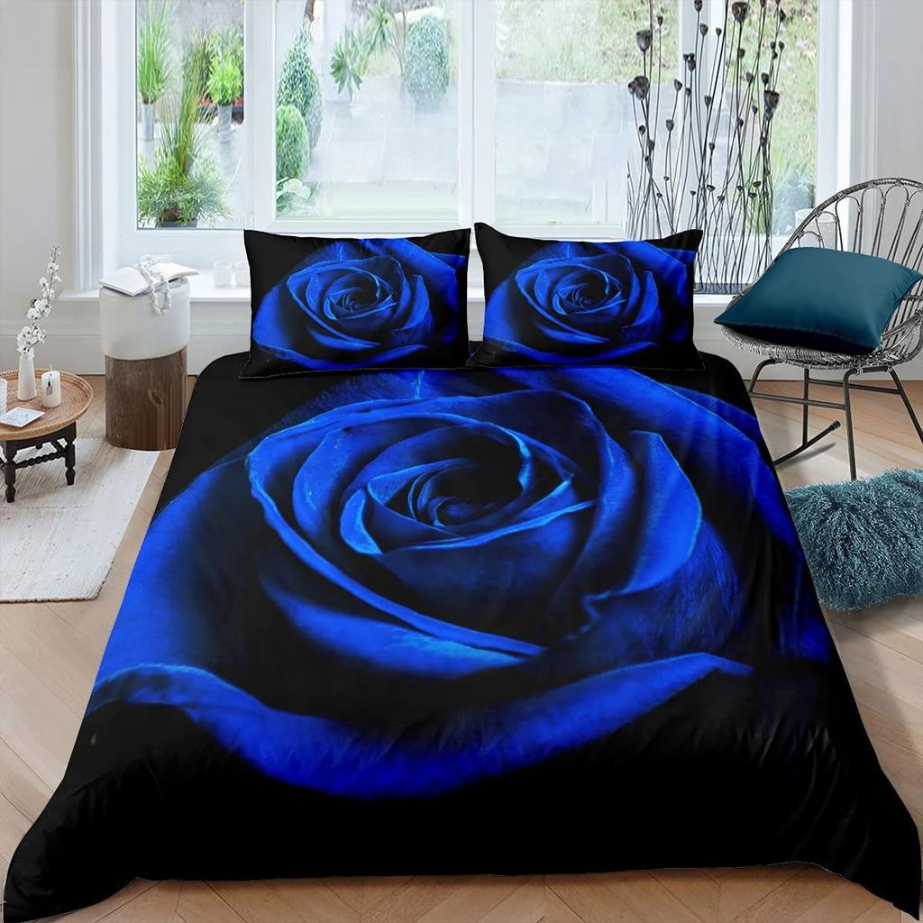 Blue Rose Floral King Queen Duvet Cover 3D Blossom Flowers Bedding Set Valentine's Day Quilt Cover Botanical Comforter Cover