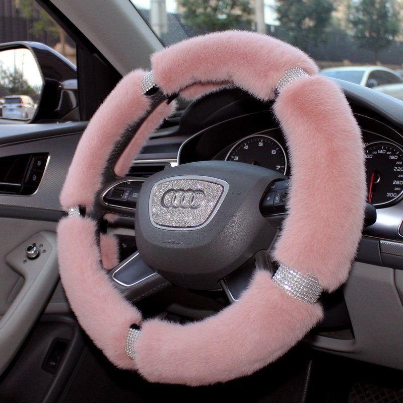 Car Steering Wheel Cover Winter Plush Female Korean Cute Universal Fashion Pink Gray Black Diamond-Studded Handlebar Cover
