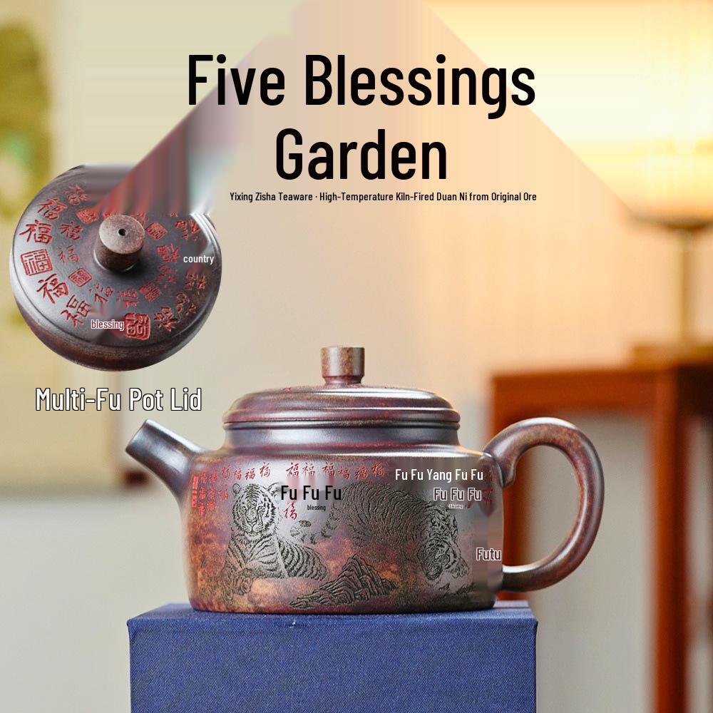TK High-Temp Large Five Blessings Teapot - Yixing Zisha Duan Ni Kiln with Great Virtue Bell Design