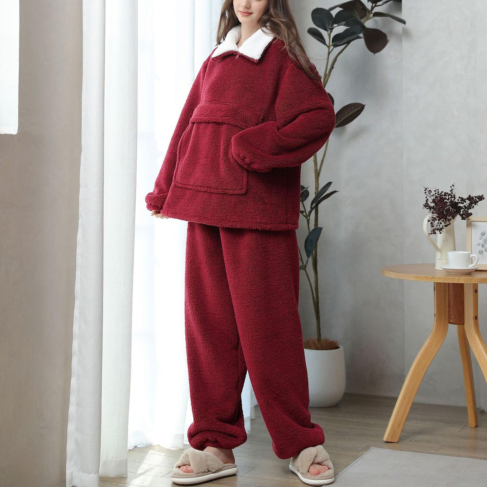 

Женский осенне-зимний однотонный удобный хлопковый бархатный пижамный комплект с высоким воротником, теплый и удобный комплект домашней одежды XL винный