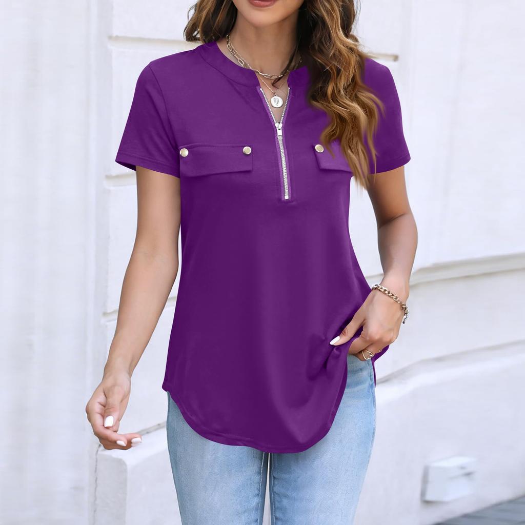 Damen Casual Top mit kurzen Ärmeln, Reißverschluss vorne, Umlegekragen und dekorativen Pattentaschen für den Alltag