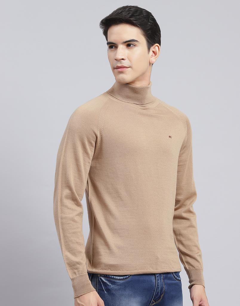MONTE CARLO Mens Solid Camel Brown High Neck Full Sleeve Pullover