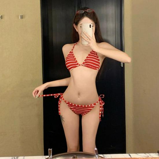 

Женский полосатый купальник бикини с халтером и высокой талией - Купальник из трех частей в корейском курортном стиле, с контролем живота, идеально подходит для горячих источников. L 53-60 kg