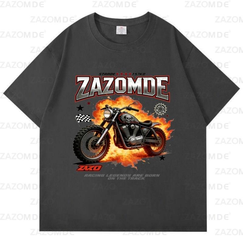 ZAZOMDE Unisexs High Street Motorcycle Racing Short Sleeve T Shirt Pure Cotton Oversized Streetwear Tee Vintage Design Casual Wear