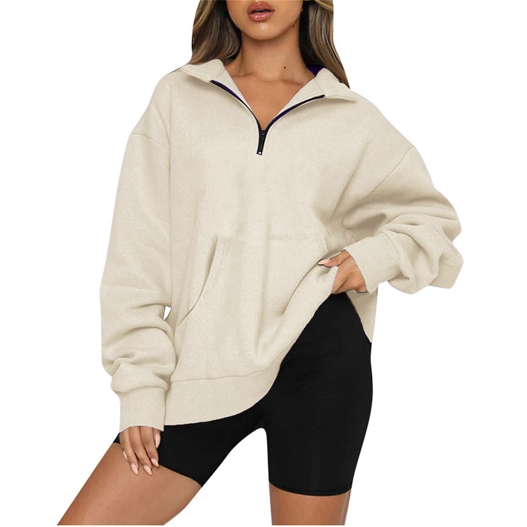 Women's Casual Fashion Long Sleeve Solid Color Zipper Pocket Sweatshirt Top