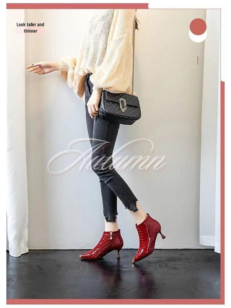 2025 Podzim/Zima Dámské Lakované Kožené Špičaté Kotníkové Kozačky na Stiletu - Všestranné Vysoké Podpatky