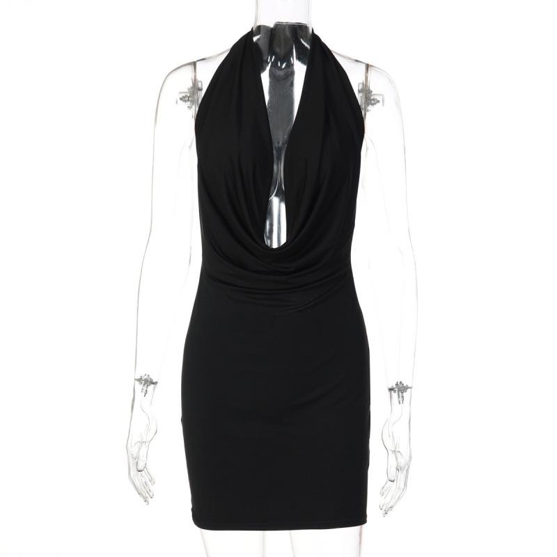 European and American women's clothing new solid color neck deep V-neck backless sexy slim-fitting hip-wrapped dress