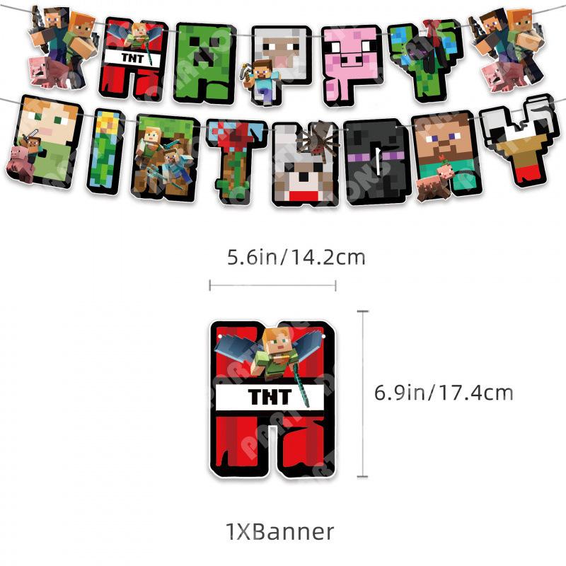 Minecraft Geburtstagsparty Zubehör Dekorationen Set Banner Kuchenaufsätze Luftballons Set für Jungen Mädchen Gaming-Themenparty