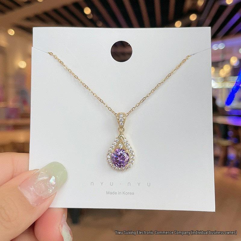Elegant Violet Water Drop Necklace - Light Luxury, Versatile, High-End Jewelry for Women, Japanese & Korean Style.