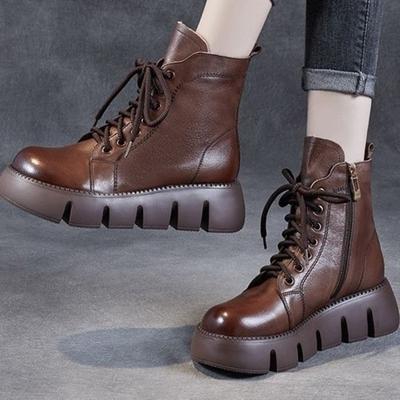 Fashion Autumn Winter Platform Fleece-Lined Woman Short Shoes Leather Round Toe Lace-up Ankle Boots for Women Trend 2025 Goth Booties