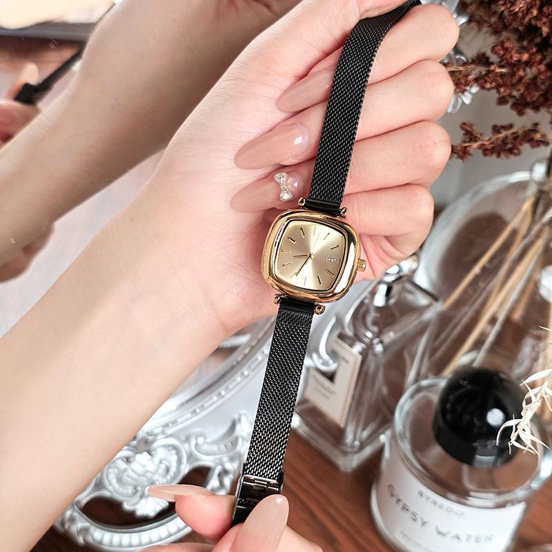 Sleek Black Gold Small Square Quartz Watch, Versatile Steel Band, Waterproof Casual Design