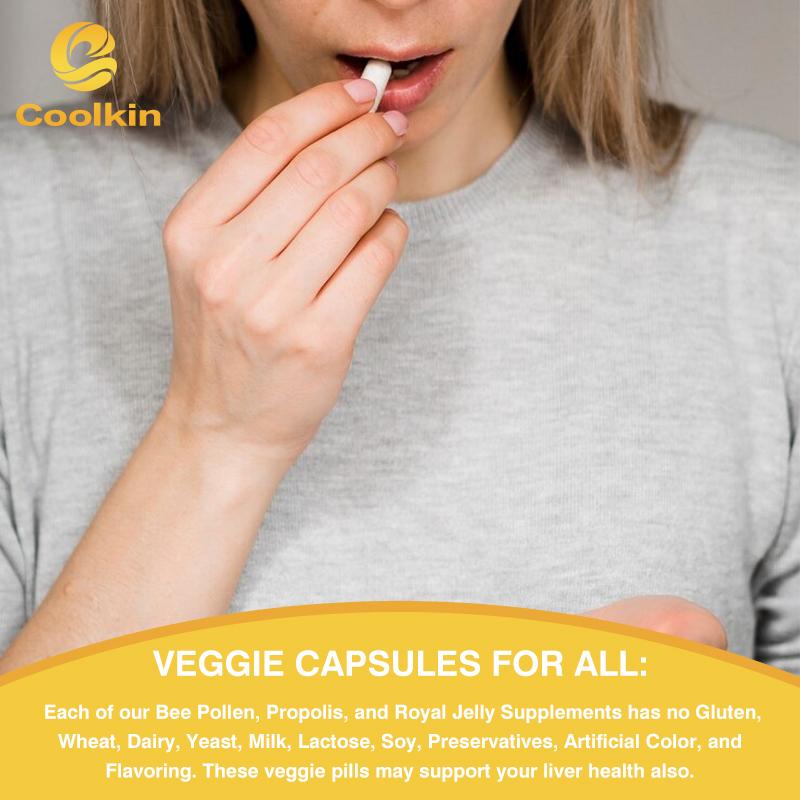 Coolkin Le Capsule Premium di Propoli contengono pappa reale, polline d'api e propoli per rafforzare il sistema immunitario.. Adatto ai vegetariani.