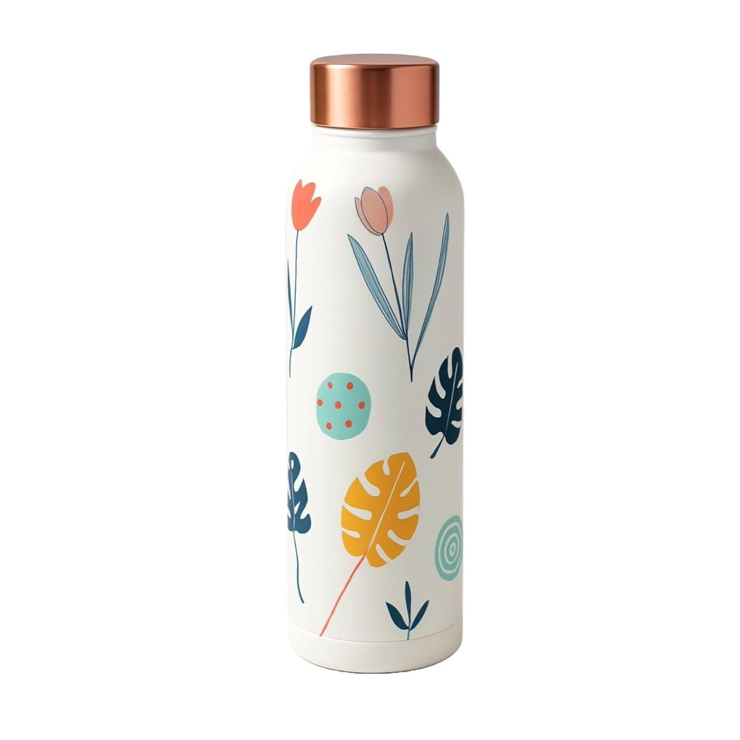 

Pure Copper Designer Water Bottle with Leak Proof Protection, Ayurveda Health Benefits. (1000ml, 1Unit) with Leaf Print Design
