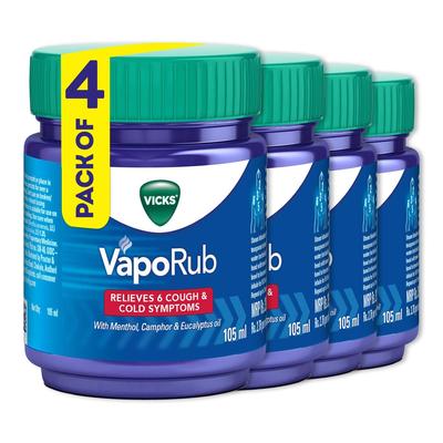VapoRub 105ml Pack of 4 Multi-Symptom Balm for Cold Cough Blocked Nose and Body Ache Relief