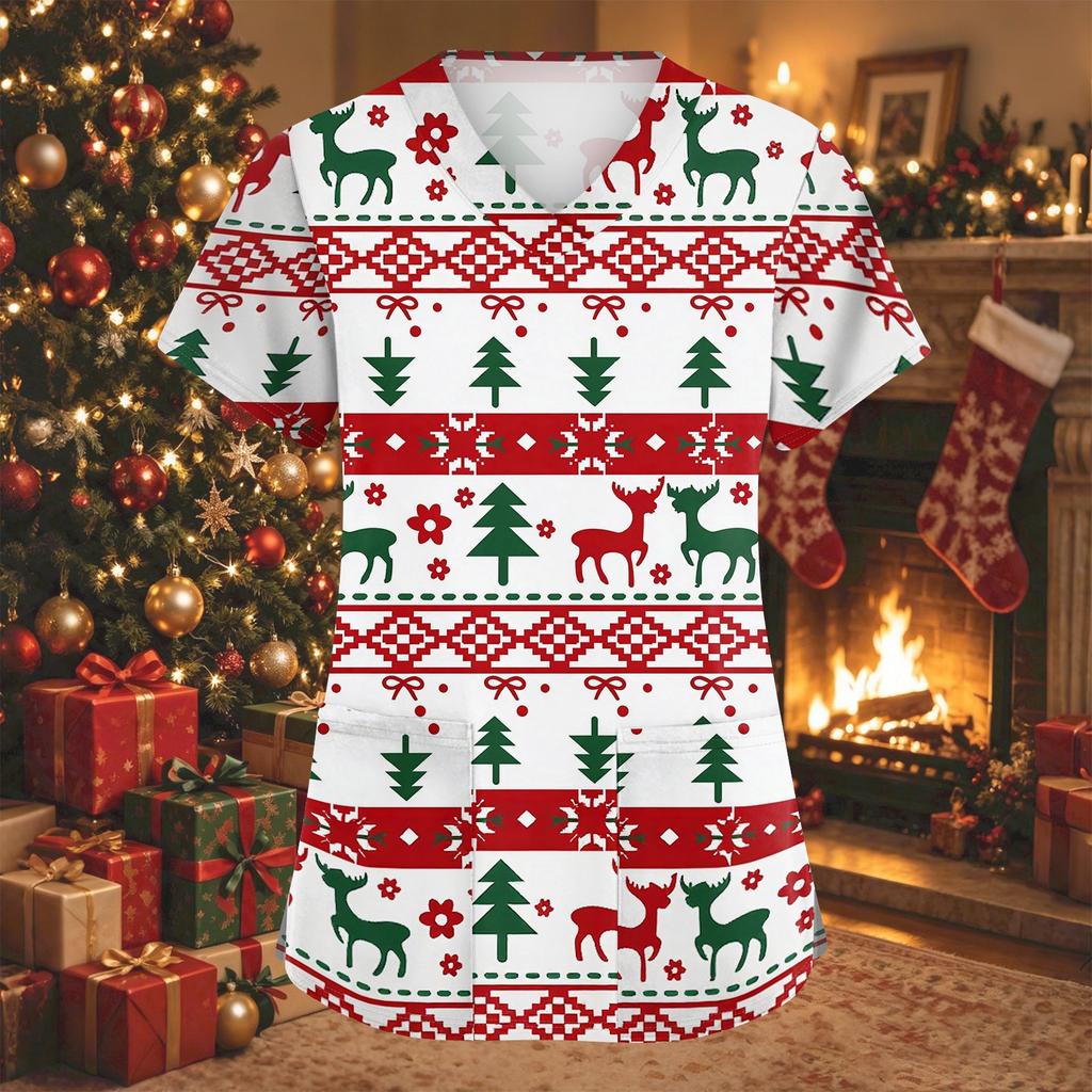Women's Christmas Print V-Neck Short-Sleeve Work Top with Pockets and Side Slits