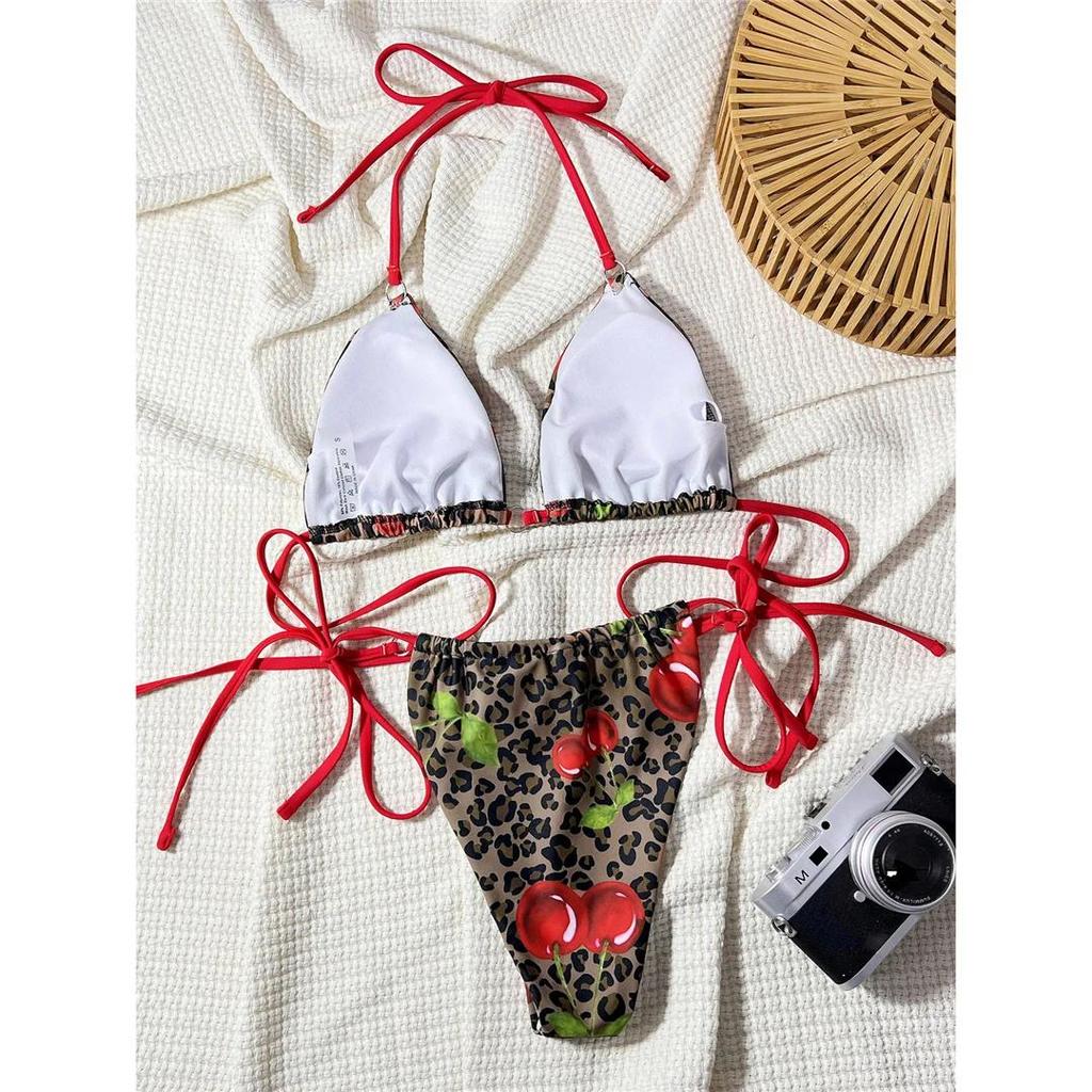 Women Swimwear Leopard Cherry Print Halter High Cut Bikini Female Swimsuit Two-Pieces Bikini Set Bather Bathing Suit Swim