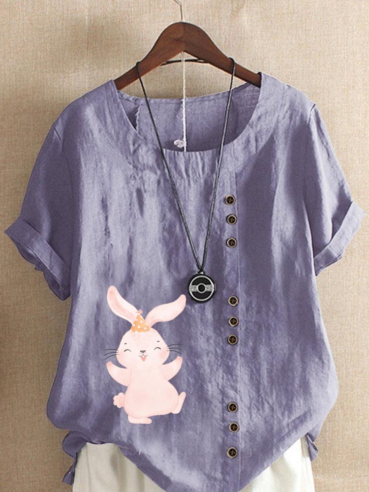 Women's Fashion Cute Rabbit Print Shot Sleeve T-shirt Loose Cotton Shirt Casual Loose Summer Blouse Tops Plus Size