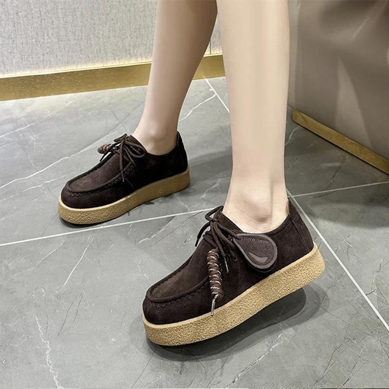 Zapatos para Mujer Mocasines Gamuza Cuero Genuino Estilo Británico Con Cordones Zapatos de Estudiante Mujer Talla Grande Zapatos Clásicos para Mujer