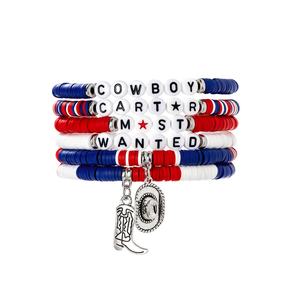 6 pieces of Independence Day color matching soft ceramic bracelet, multi-layer stacked Western style cowboy hat boots bracelet