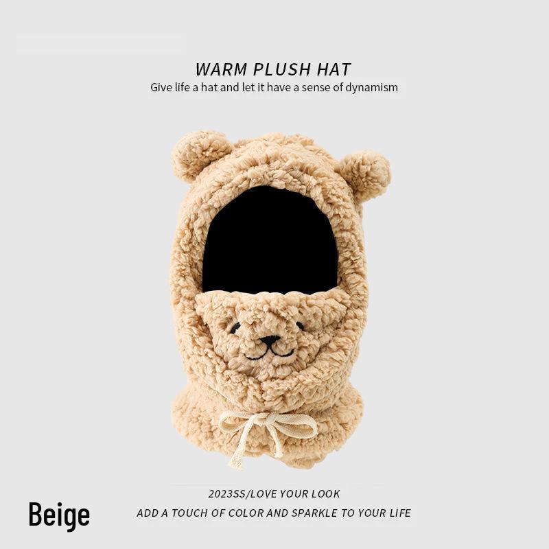 Women's 2024 Winter Little Bear Plush Hooded Scarf Set - Warm Three-Piece Neck Warmer