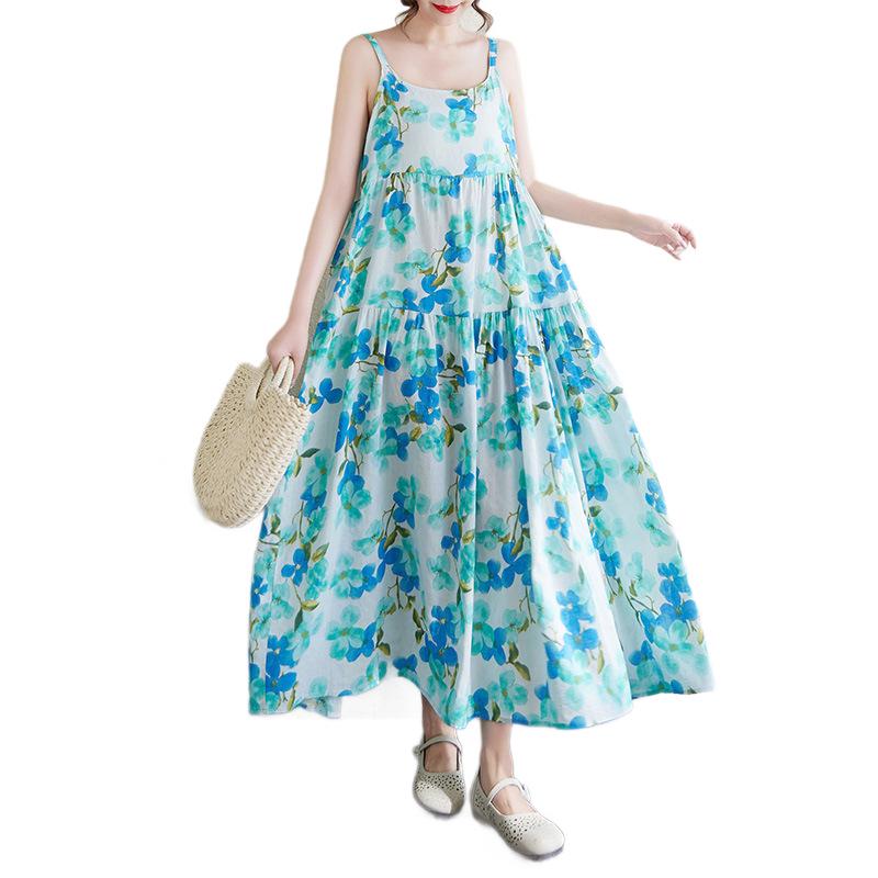 Summer Thin Print Patchwork Maxi Dress with Loose Slimming Fit and Large Hem