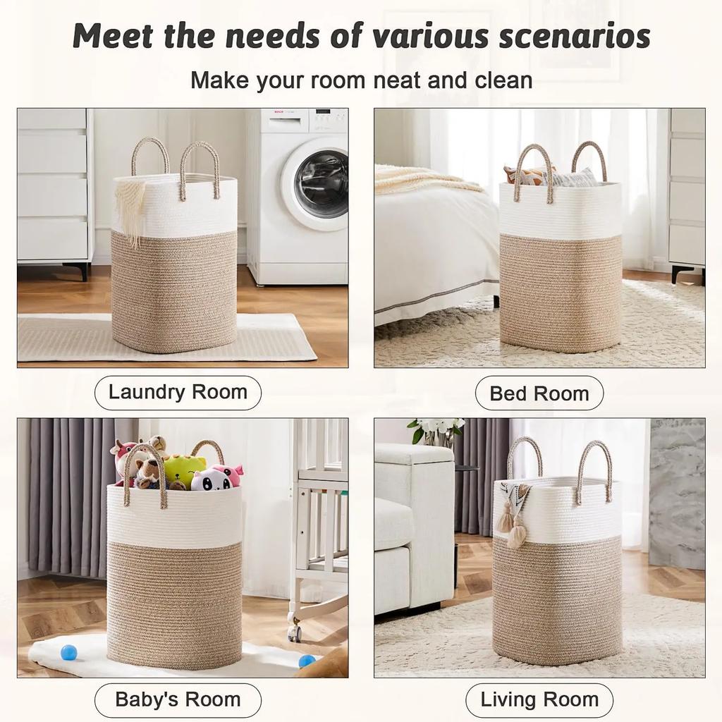 Laundry Basket,Woven Cotton Rope Laundry Hamper Sorters,Versatile Storage for Dirty Clothes,Baby Toys,and Blankets in Bathroom
