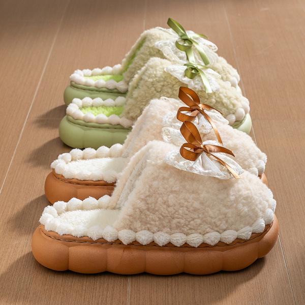 Bow cotton slippers women's winter velvet warm non-slip confinement shoes indoor home thick-soled plush slippers