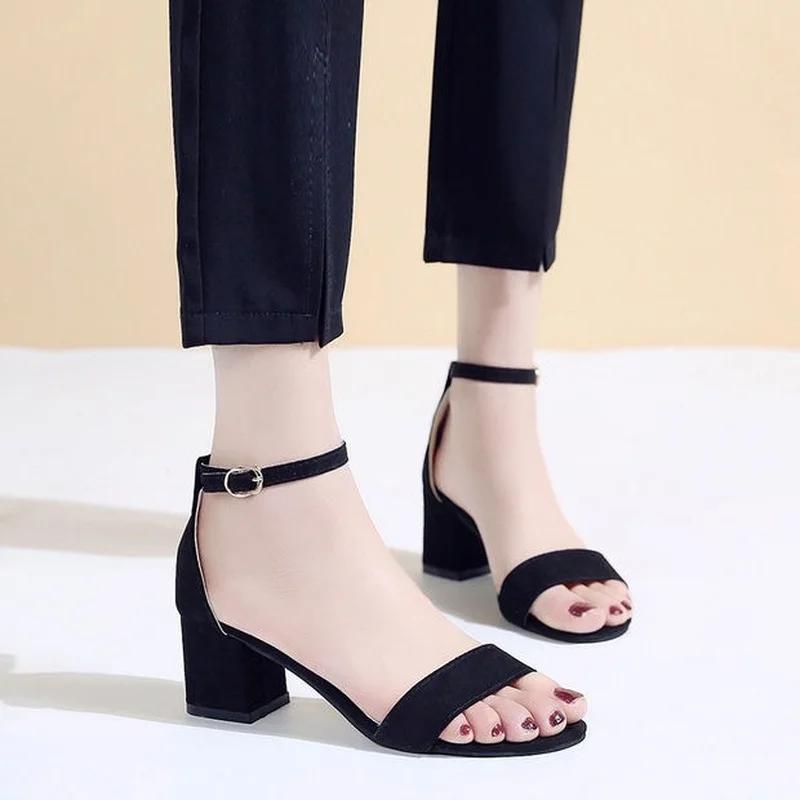 Fashion With Strap Sandals for Women Footwear Pumps Block Heel Open Toe Ladies Shoes Summer 2024 Medium Heels One Word Casual Shoe H Vip