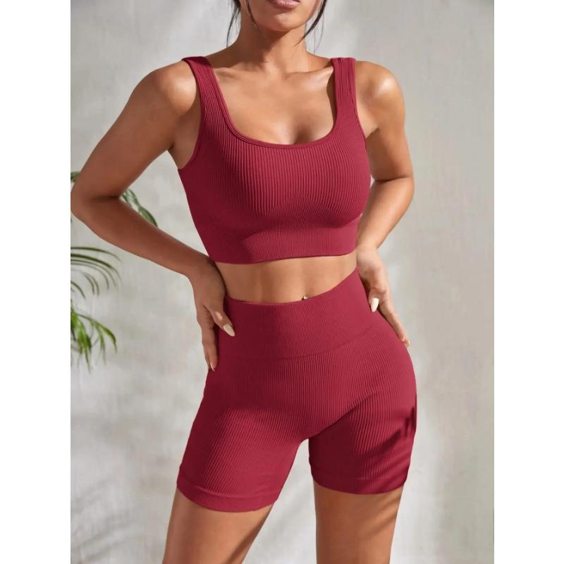 Nahtlose gerippte Yoga-Sets, Workout-Sets für Frauen, 2-teilig, Fitnessstudio-Anzüge, geripptes Crop-Tanktop, Shorts mit hoher Taille, Outfits für Fitness und Laufen