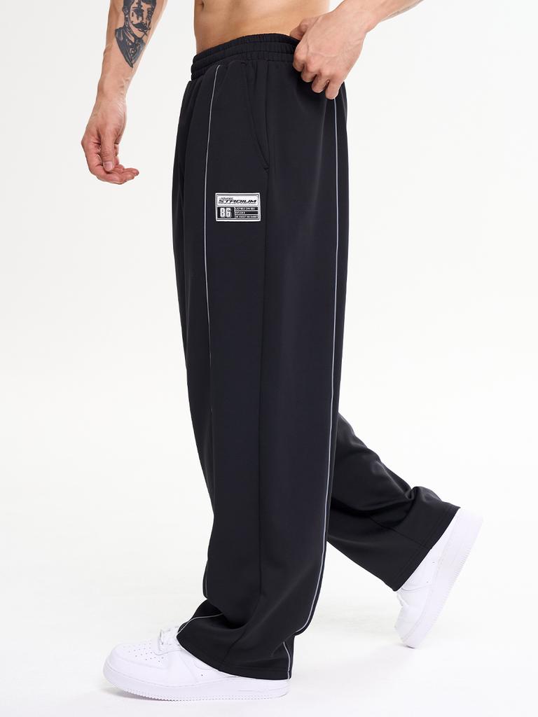 Leijibi [Summer] Giant Fit Line Track Pants Wide Gymwear Training Workout Wear Elastic Waist Pants M Black