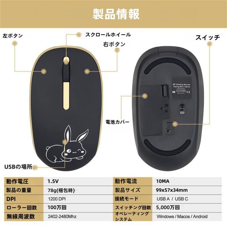 Wireless Mouse, USB & Type-C, 2-in-1 Receiver, 2.4G, Quiet, 3-Level Energy-Saving Mode, Cordless, Microsoft, Compact, Rabbit Design, Compatible with