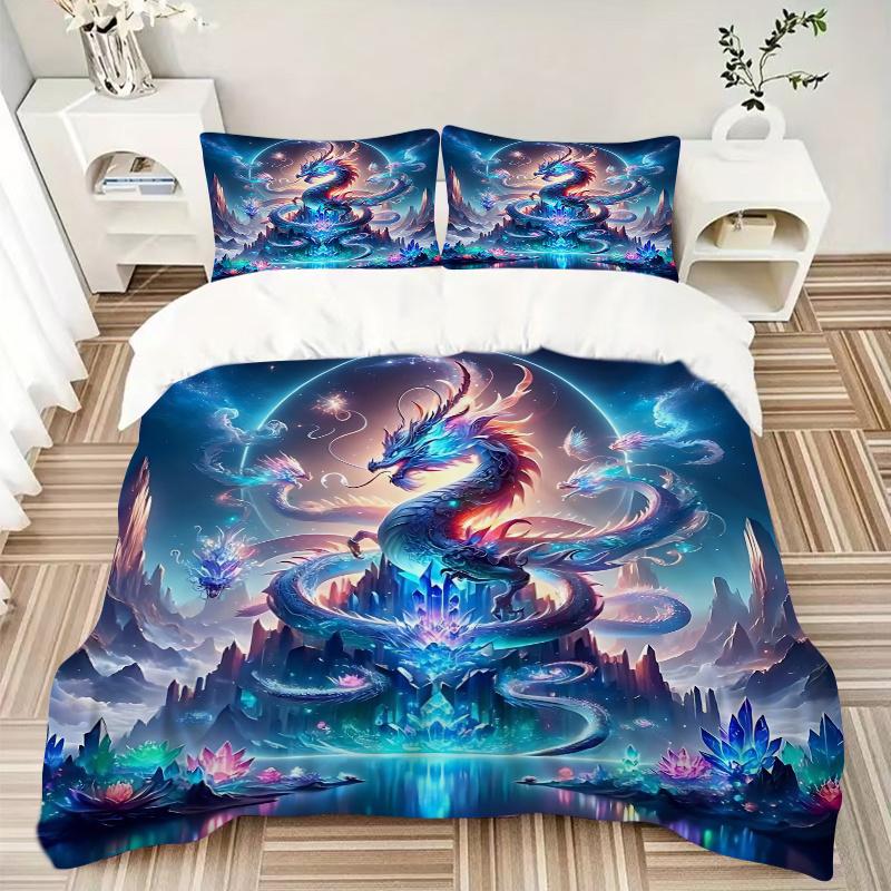 3pcs Enchanted Dragon Realm Printed Bedding Set, Soft and Comfortable Quilt Cover for Bedroom, Guest Room J036