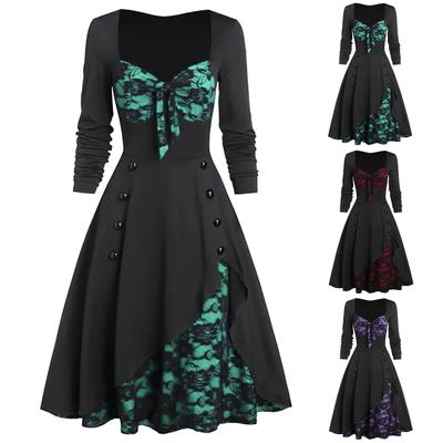 Damen-Partykleid, Blumen-Spitzeneinsatz, Mock-Knopf, Schleife, Vintage-Kleid