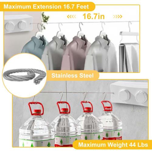 Indoor Clothes Drying Wire, 5.1m Long, 20kg Load Capacity, Double-Size Clothes Drying Wire, Wall-Mounted, Retractable, Built-in, Stainless Steel, for