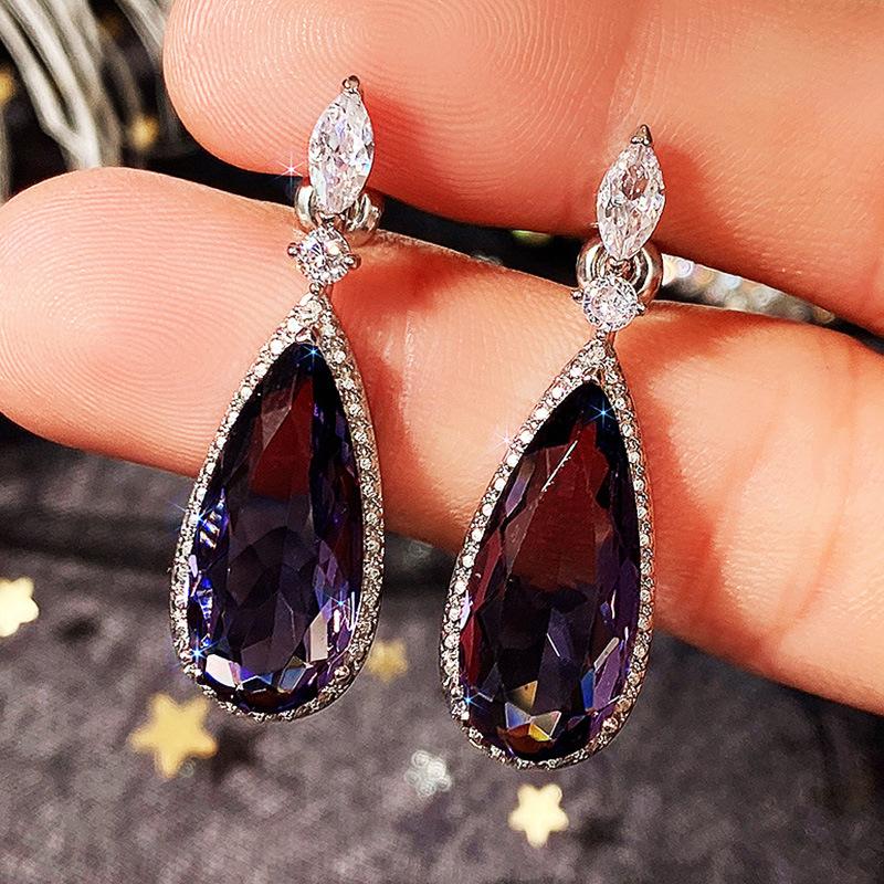 Silver Halo Purple Teardrop CZ Dangle Earrings Marquise Top Tanzanite Color Crystal Drop Earrings Women Luxury Wedding Jewelry